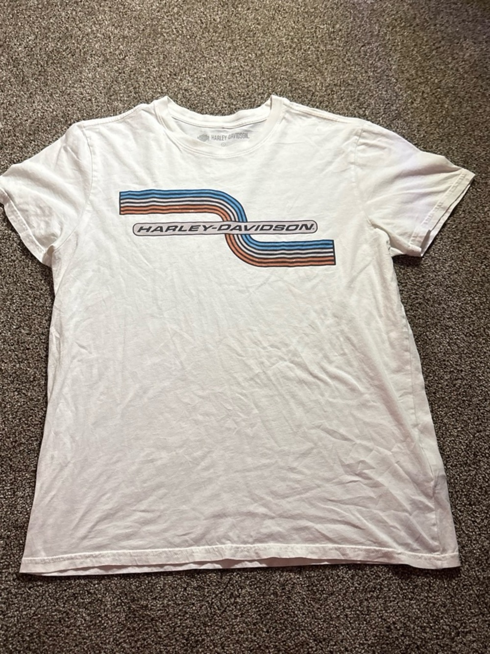 Harley-Davidson White Tee with Blue and Brown Retro Stripe Logo